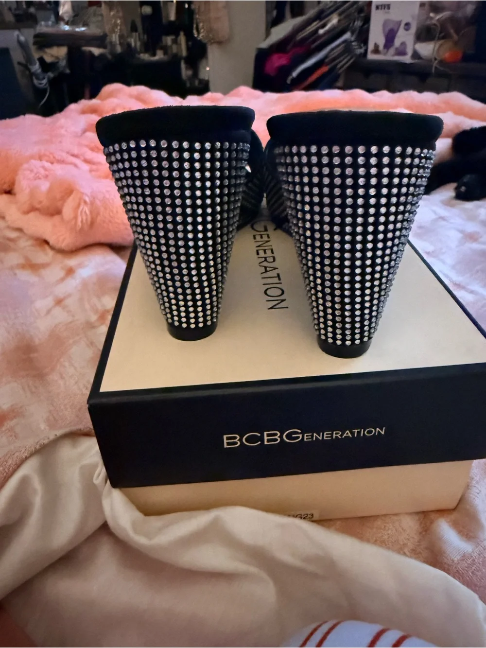 BCBGeneration Black Crystal-Studded Wedge Sandals